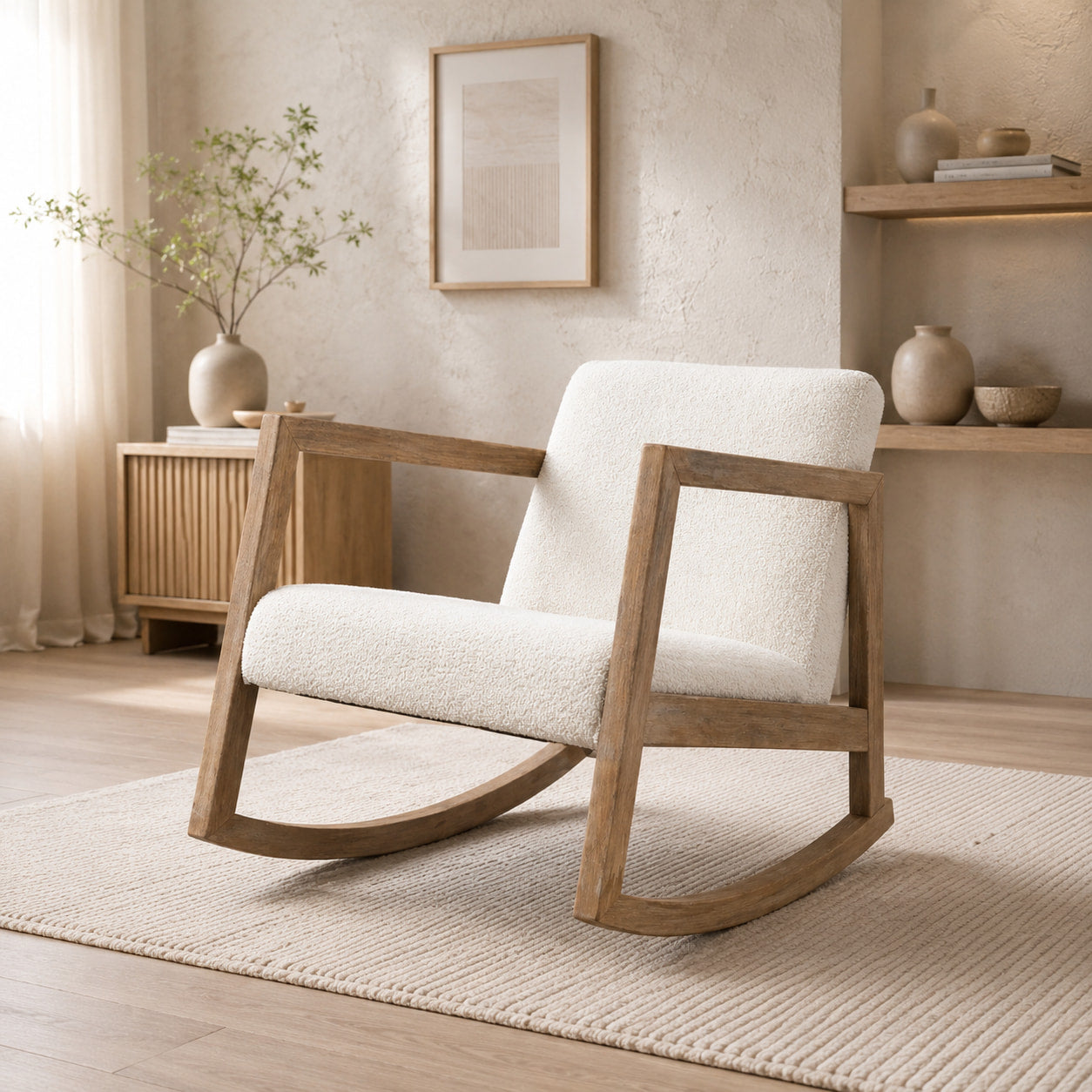 Lueur | Rocking chair scandinave en bouclette et hévéa