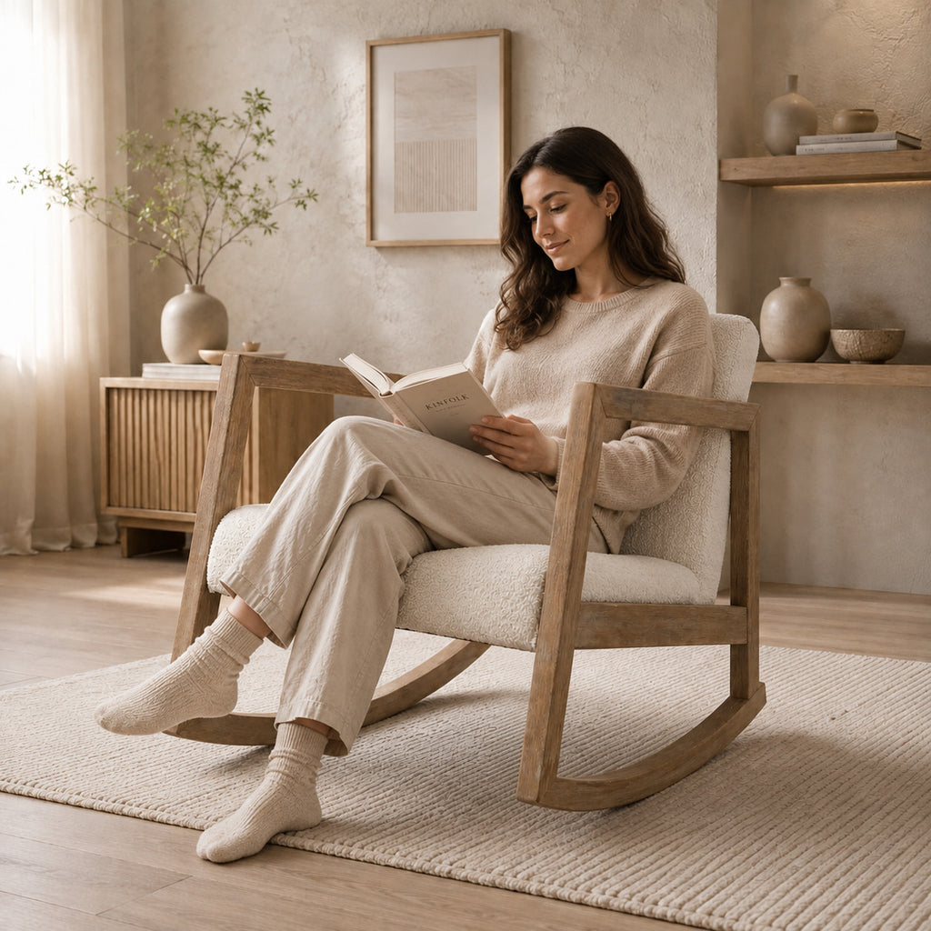 Lueur | Rocking chair scandinave en bouclette et hévéa